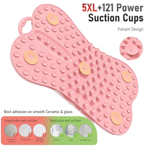 Back Scrubber Body Bath Cushion for Tub Bathtub Back Lumbar Ergonomic Support, Silicone XL Large Thick Soft Seat Pad Non-Slip Suction Cups, Relaxing Spa Exfloating Scrubber Mat 28x19 Pink