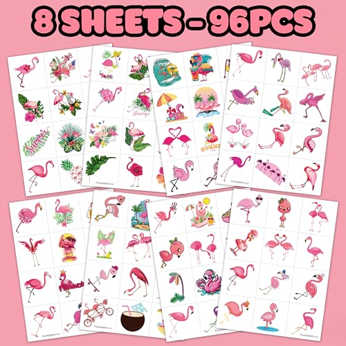 96 PCS Funny Flamingo Pre-Cut Temporary Sticker Summer Tropical Flower Hawaiian Luau Birthday Supplies Gifts Girls Boys Baby Showers Prizes Cute School Reward Themed (Normal)
