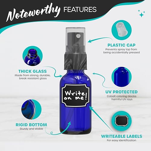 Nevlers 1 Oz Blue Glass Spray Bottles for Cleaning, Refreshment & More | Small Spray Bottle Travel Size 24 Pack w/Shrink Wrap, Funnel, Brush, Marker & Labels | Perfume Travel Refillable Containers