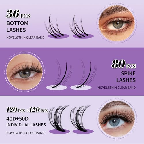 DIY Lash Extension Kit Lash Clusters With Bottom Lashes 20/30/40/50D 12-18mm Multi-types Individual Lashes Bond and Seal, Spike, Nature Volume Lashes Kit Lash Applicator(40/50 Kit)