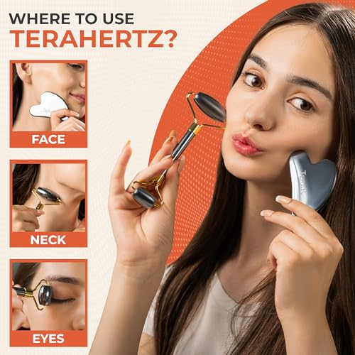 TeraRX¢ç Terahertz Gua Sha & Facial Roller Set ? 100% Authentic Terahertz Stone Face Roller to Reduce Puffiness, Improve Wrinkle Lines & Relieve Facial Tension ? Perfect for Eye Massage and Relaxation