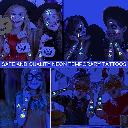 10 Sheets Glow Under UV Blacklight Neon Halloween Temporary Tattoo, 95+ Styles Waterproof Luminous Fake Tattoo for Kids Party, Toddlers, Children, Boys, and Girls