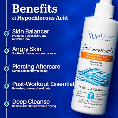 BioForce HOCl - Pure Hypochlorous Acid Spray for Face & Body - Acne-Prone Skin & Eczema, Piercing aftercare, Made in Canada, Gentle Skin Cleanser & Toner, pH Balanced, Non-comedogenic - NueVue (8.2oz)