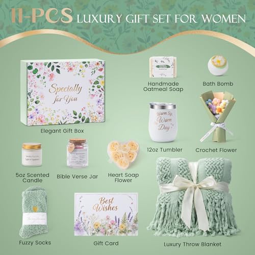 Birthday Gifts for Women, 11 Pcs Sage Green Self Care Package Get Well Soon Gift Baskets, Inspirational Thinking of You Thank You Gift with Bath Spa Gift Set - Unique Gifts for Women