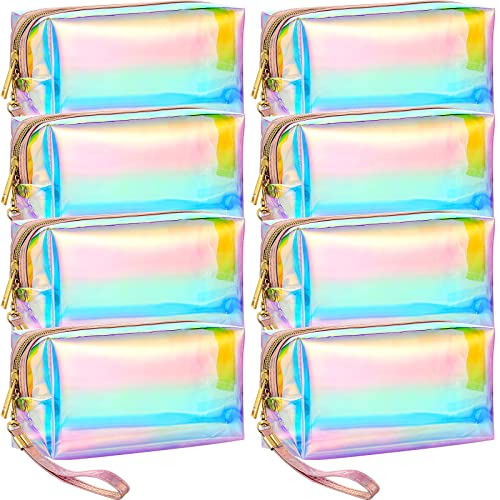 Dunzy 8 Pcs Holographic Iridescent Clear Makeup Bags with Zipper Travel Cosmetic Pouches with Wrist Loop Waterproof Toiletry Organizer Case Home Office Beach Pouch Purse Diaper Vacation Gift Bag(M)