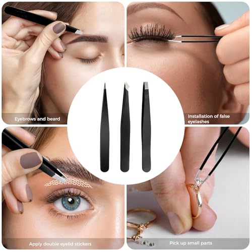 Eyebrow Tweezer Set 3-Piece for Women & Men - Professional Slant and Pointed Tweezers Set with Case - Precision Tweezers Kit for Facial Hair, Splinter and Ingrown Hair Removal