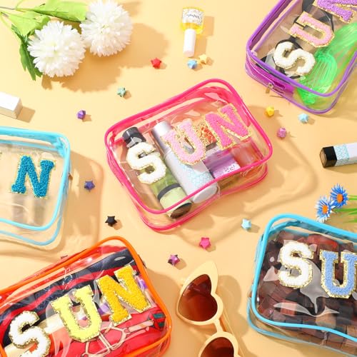 Kacctyen 8 Pcs Clear Sun Makeup Bag Bulk Summer Beach Sunscreen Pouch Waterproof Toiletry Cosmetic Zippered Organizer with Preppy Chenille Letter Patch for Women Girls Beach Pool Vacation Gift