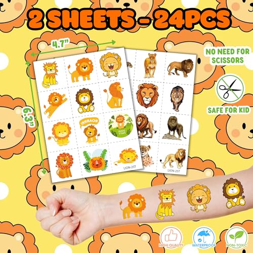 36PCS Lion Party Favors - 24PCS Pre-Cut Temporary Tattoos & 12PCS Stamps - Ideal Safari Jungle Animal Themed Birthday Card Decorations Supplies Goodie Bag Kids Gifts Classroom Rewards Prizes