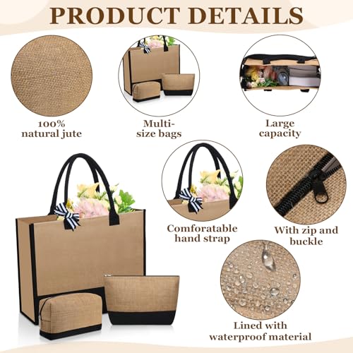 18 Pcs Burlap Tote Bags Bulk and Makeup Bag Set Large DIY Jute Tote Personalized Gift for Wedding Bridesmaid Women