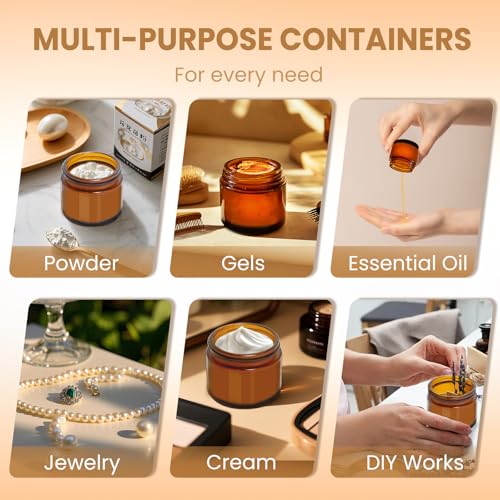 2oz Amber Glass Jars with Lids - 40 Pack Brown Small Cosmetic Containers with Inner Liners, Wide-Round Smooth Mouth Salve Container, Sealable for Creams, Lotions, Essential Oils, Travel Samples