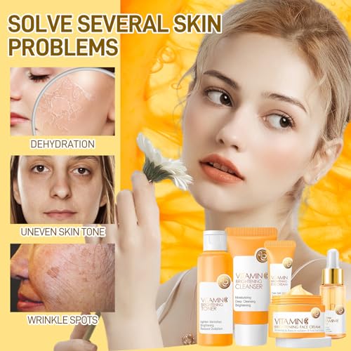 5Pcs Valentines Day Vitamin C Skincare Set, Skin Care for Kids, Skincare Gift Sets with Cleanser, Toner, Serum, Eye Cream, Facial Cream, Skin Care Set for Girls Ages 8-12, Travel Facial Kit for Girls