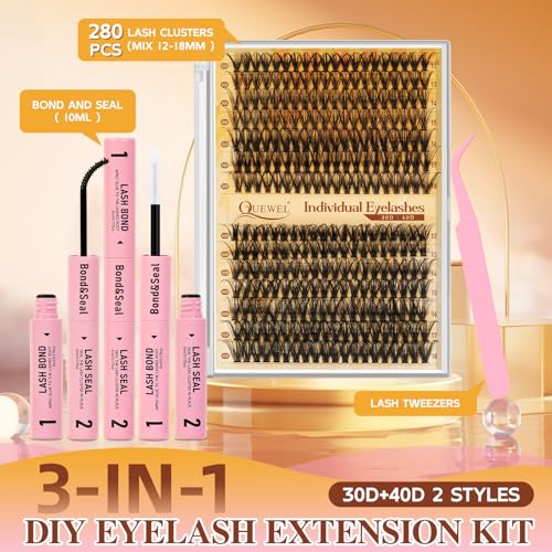 QUEWEL Lash Clusters Kit, 280 Pcs Lash Clusters 30D 40D 12-18mm Thin Band Lashes Clusters Natural Look Eyelash Extension Kit With Lashes Bond Seal Eyelashes Tweezers (LSTZ-30D+40D)
