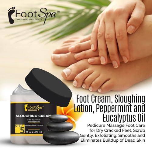 FOOT SPA - Foot Cream, Sloughing Lotion, Peppermint and Eucalyptus Oil, 16 Oz - for Dry Cracked Feet, Scrub Gently, Exfoliating, Smooths and Eliminates Buildup of Dead Skin