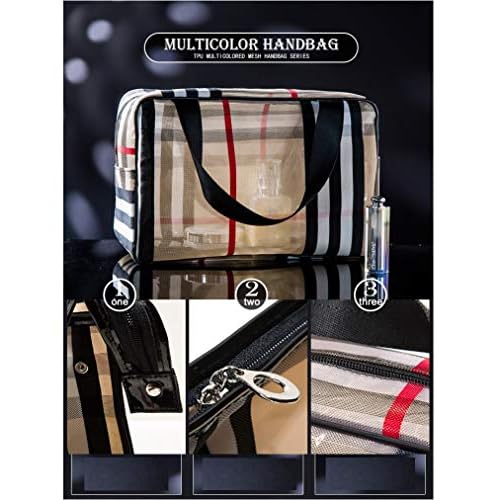 PVC Stripe Cosmetic Bag Waterproof Zipper Makeup Bag Multifunctional Large Capacity Mesh Bathroom Travel Storage Portable Bag Easy to Organize for Women Girl Khaki