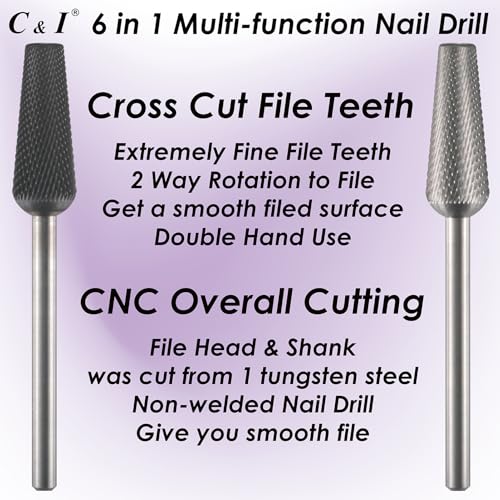 C & I Nail Drill Bit 6 in 1 Multi-function Rounded End E File, Tungsten Steel CNC Overall Cutting, Manicure Tool for Nail Tech Quick Remove Nail Gels, Acrylic Nails (Original, Double Fine -XXF)