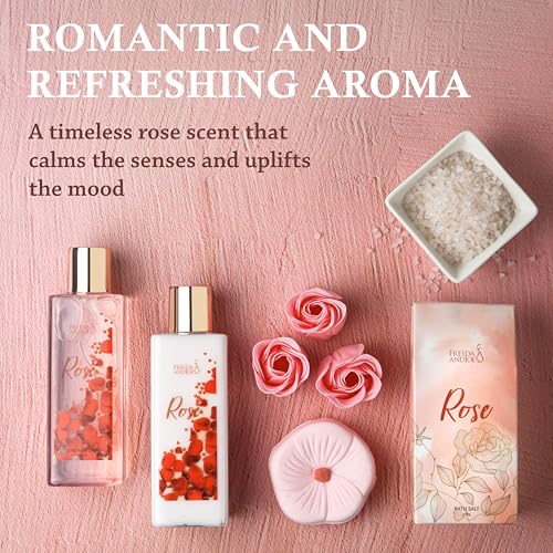 Freida & Joe Elegant Bath Set in High Heel Shoe ? Luxurious Spa Gift Basket for Women, Includes Shower Gel, Body Lotion, Bath Salts, Soap Flowers, Bath Fizzer & Sponge (Rose) ? Mother's Day Gift