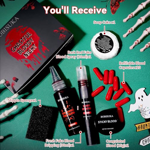 Halloween Fake Blood SFX Makeup Kit ? Realistic Liquid Spray, Dripping Blood, Coagulated Gel, Capsules, Sponge & Soap ? Washable Special Effects Body Paint for Vampire & Zombie Costumes