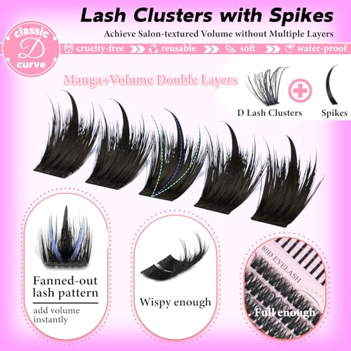 Lash Clusters Kit with Spikes, 80D+100D Eyelash Clusters Extensions Individual D Curl Fluffy Wispy False Eyelashes DlY Manga Lashes Extension Kit (12-22mm, Lash Clusters Kit)