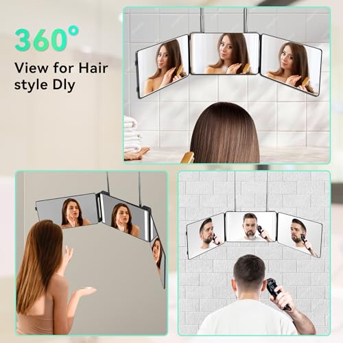 3 Way Mirror with LED Lights & 360¡Æ View,See Back of Head Trifold Barber Mirror for Self Haircut, Shaving & Braiding, Portable Travel Design with Hook for Home,Men & Women (Black)