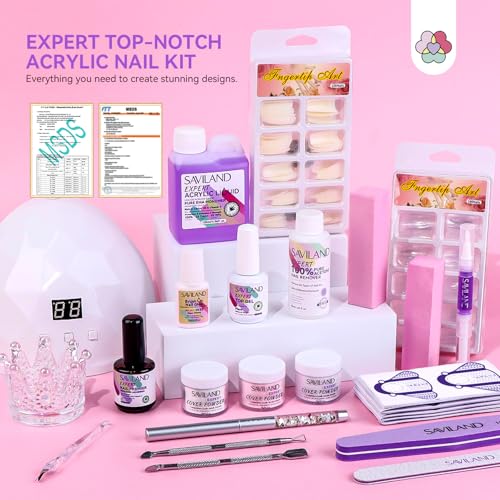 SAVILAND Acrylic Nail Kit: Professional Nails Kit Set Clear White Pink Acrylic Powder and Liquid Set with U V Nail Lamp Nail Remover for DIY Home Use