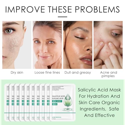 IREV Face Masks Skincare, Salicylic Acid Facial Mask, Moisturizing Sheet Mask For Acne Prone,Oily, and Sensitive Skin, Deep Cleansing Mask 10 Sheets