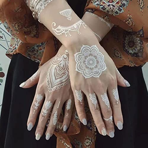 6 Sheets White Henna Temporary Tattoos for Women Girls Lace Fake Tattoo Stickers Mystery Sexy Mandala Flower Body Art Design Waterproof Henna Sticker DIY Goddess Look