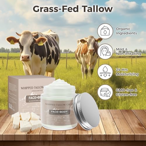 Ofanyia Beef Tallow for Skin, Whipped Tallow Cream for Sensitive Skin, Tallow Face Moisturizer for Repairing Damaged Dry Skin, Natural Beef Tallow Grass Fed Lotion for Skin Care, 4 oz (UNSCENTED)