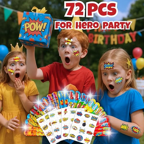 72PCS Hero Party Set - 48PCS Temporary Tattoos & 24PCS Slap Bracelets - Themed Pow Birthday Supplies, Baby Shower Gifts, Classroom Rewards & Party Decor for Kids