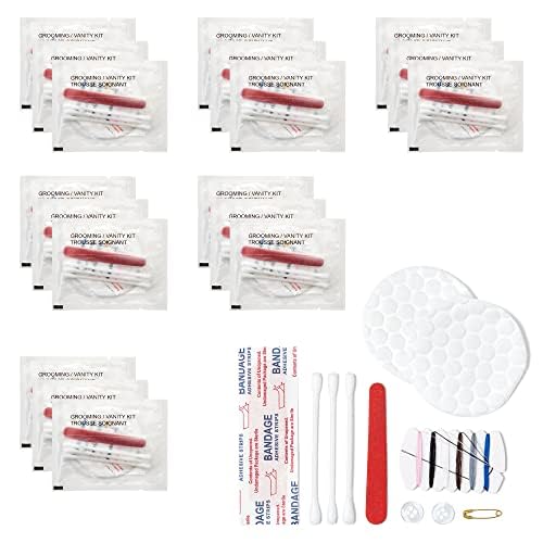 World Amenities Necessities Grooming Vanity Kit | Clear Frosted Sachet, Hotel Amenities | Includes Sewing Kit, Nail File, Cotton Swabs, 2 Cotton Rounds and Band-Aid