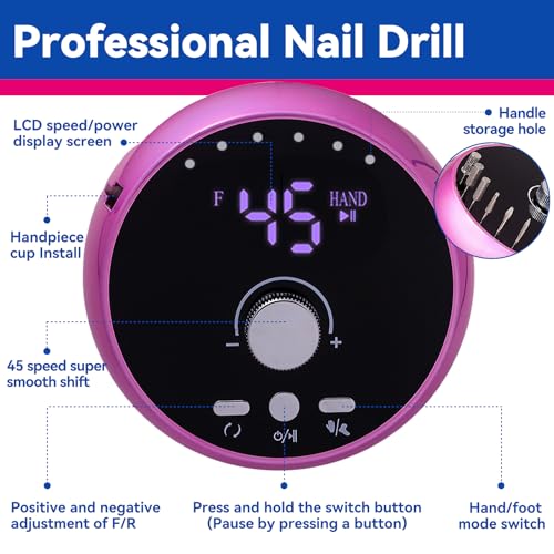 45000RPM Professional Portable Nail Drill Electric File,Nail E File Machine with Bits & Storage for Acrylic Nails Remove Nail Gel Polish Manicure for Salon Home(Purple)