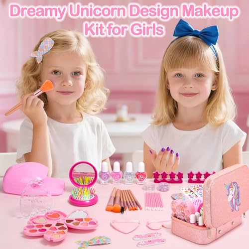 Kids Makeup & Nail Kit for Girls, Washable Cosmetic with Unicorn Storage Case, Kids Play Makeup Set, Girls Nail Polish and Press on Nails for Girl Birthday Gift 8 10 11 12+