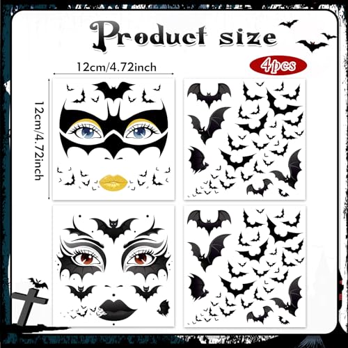 HOWAF 4 Sheets Halloween Bat Face Tattoos, Halloween Bats Tattoos Sticker for Hallows' Eve Masquerade Halloween Cosplay Raves Costume Accessories, Flaying Black Bat Temporary Tattoos Sheets
