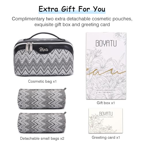 BOYATU Travel Makeup Bag for Women: Western Boho Make up Bag Set of 3 - Large Capacity Vegan Leather Cosmetic Bag - Waterproof Toiletry Bag with Compartments & Handle & Divider(J-3-Black)