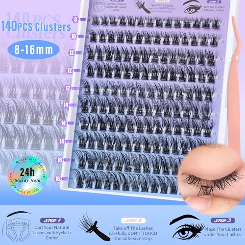 Self Adhesive Eyelashes Clusters Press on Lash Clusters Wispy Lash Extensions No Glue Needed Lashes Clusters Natural Cluster Eyelash Extensions Kit with Tweezers (8-16mm,C Curl)