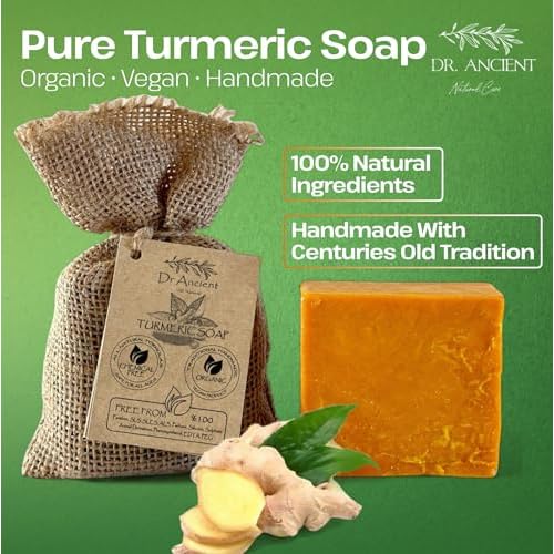 Dr.Ancient Turmeric Soap Bar, Organic Soap Bars Handcrafted the Traditional Way, Natural Chemical-Free, Vegan, Used for Face Wash, Body Wash, and Hand Cleansing, Moisturizing, Nourishing Care