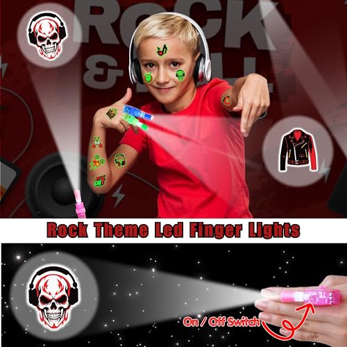 72 PCS Rock Party Favors ? 48 PCS Tattoos & 24 PCS LED Finger Lights Combo ? Birthday Goodie Bag Fillers, Party Supplies, Gifts Light Up Toys Glow In The Dark for Boys and Girls