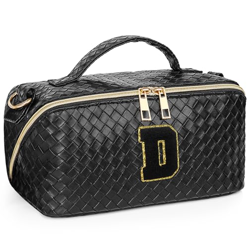 Yulaviniee Initial Makeup Bag,Large Capacity Travel Cosmetic Bag with Shoulder Strap,Portable Leather Open Flat Make Up Organizer Bag,Makeup Toiletry Bag with Handle and Compartments