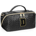 Yulaviniee Initial Makeup Bag,Large Capacity Travel Cosmetic Bag with Shoulder Strap,Portable Leather Open Flat Make Up Organizer Bag,Makeup Toiletry Bag with Handle and Compartments