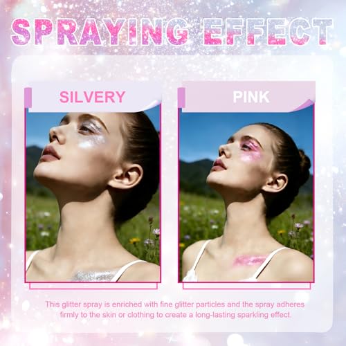 Hair and Body Glitter Spray,Long Lasting Quick-Drying Pink Shimmer Mist for Music Festival Revelry, Nightclub Parties and Balls,Hairspray for Clothes, Face Glitter Spray 4.22 Fl Oz (Pink)
