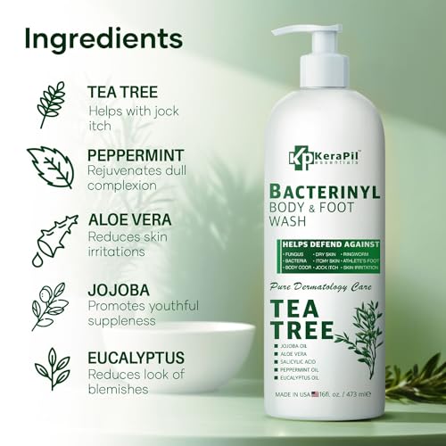 Bacterinyl Tea Tree Oil Body Wash - Antibacterial & Antifungal Support for Ringworm, Body Odors, Athlete¡¯s Foot & Acne, Helps Soothe Itchy, Dry Skin - Made in USA (16 fl oz x 2)