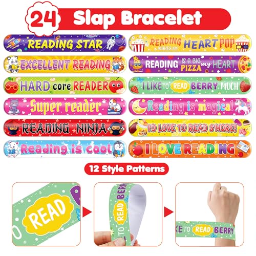 48PCS Love to Read Party Set - 24PCS Temporary Tattoos & 24PCS Slap Bracelets - Fun Book-Themed Birthday Supplies, Baby Shower Gifts, Classroom Rewards & Reading Incentives for Kids (Boys & Girls)