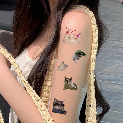75 PCS Cat Tattoos,Cute Funny Cat Meme Temporary Tattoo,Waterproof Animal Fake Tattoo Stickers,Kitty Birthday Decorations Party Supplies Favors Gifts Q734