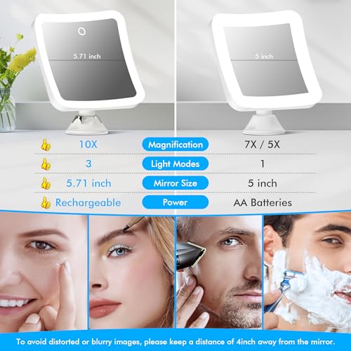10X Magnifying Lighted Makeup Mirror with Lights,Daylight LED Vanity Mirror, Rechargeable,Compact, Cordless, Locking Suction Mirror, 360 Rotation, 7" Portable Illuminated Bathroom Mirror
