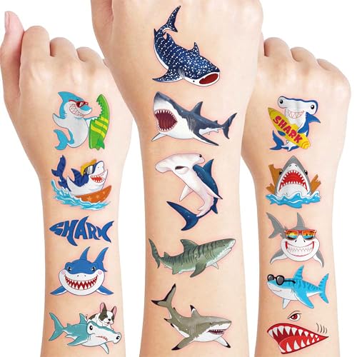 96 PCS Shark Pre-Cut Temporary Tattoos for Kids | Super Cute Shark Themed Birthday Party Favors, Supplies, Decorations, Cute Ocean Animal Tattoo Stickers (Multiple)
