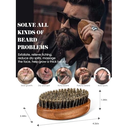 Beard Brush, Natural Boar Bristles Beard Brush for Men and Wooden Sandalwood Pocket Beard Comb Set, Facial Hair Grooming Kit with Mustache Scissors as a Styling Tool, Growth, Detangles, Shine