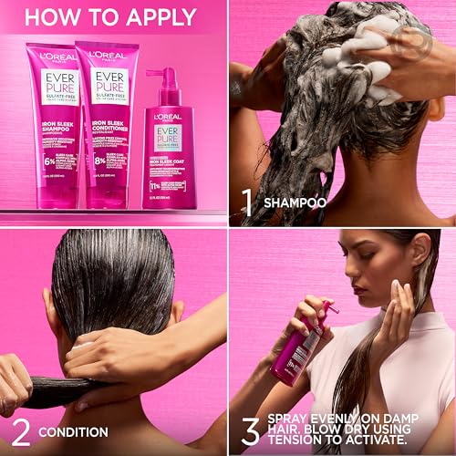 L'Oreal Paris Sulfate Free Iron Sleek Smoothing Conditioner, Frizz Control and Humidity-Resistant Formula with Alpha-Acids for Frizzy Hair, EverPure Hair Care, 6.8 Fl Oz