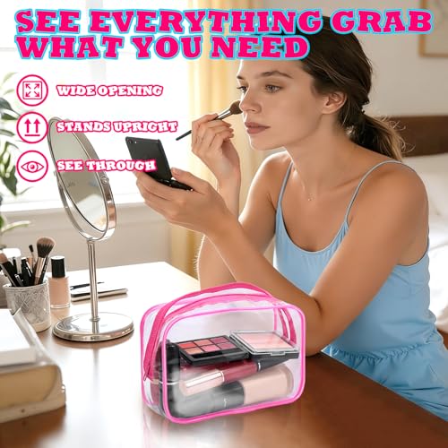 12PCS Clear Cosmetic Bag Transparent PVC Makeup Bag Waterproof Plastic Zipper Pouches Travel Toiletry Organizer Cosmetic Storage Case for Women Traveling Bathroom (Rose Red, Medium)
