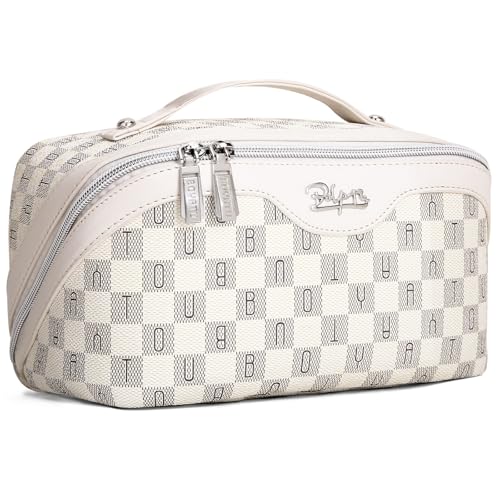 BOYATU Travel Makeup Bag Cosmetic Bags for Women: 3 Pcs Set Portable Make up Bag with Handle - Vegan Leather Toiletry Bags with Compartments - Makeup Organizer for Travel Essentials(C-4-Beige)