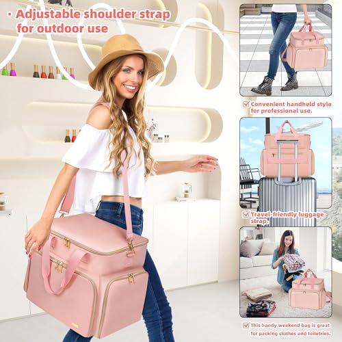 DERSTUEWE Nail Polish Organizer Case ? Waterproof Travel Bag with Hard Bottom ? Double Layer Nail Storage Bag with Adjustable Dividers & Nail Lamp Compartment (Pink)