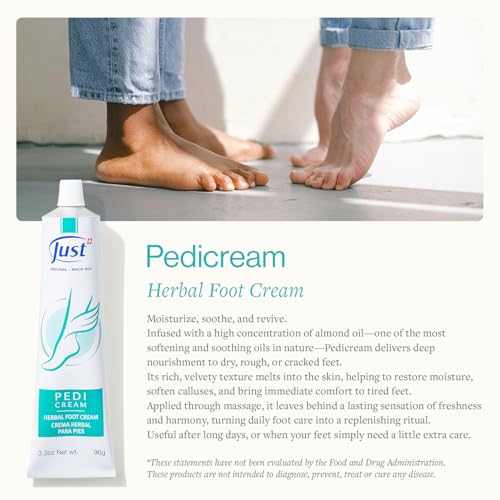 Swiss Just Pedicream Foot Cream 3.4 Fl oz- Nourishing Foot Care Kit with a High Concentration of Almond Oil for Skin - Soothing and Moisturizing Natural and Herbal Formula for Dry and Cracked Feet